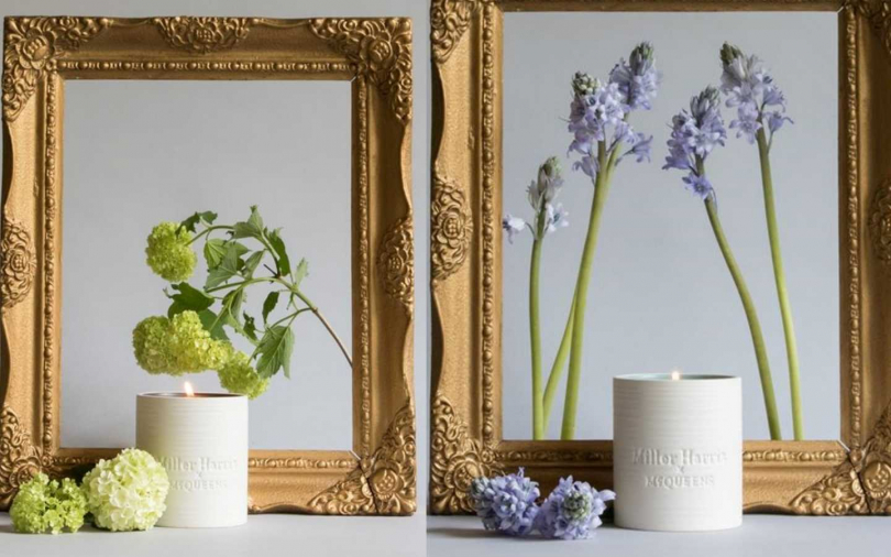 (左)充滿木質氣息，有點像在花苑中，你會感受到許多枝葉被剪過的露水氣息。黛藍霧室McQueens聯名香氛蠟燭250g /2,800元 。(右)就是地上四散的枝葉散發著藥草般氣息，並搭配撒落芬芳的薰衣草既有花香、也帶著葉草味，揉合出一種煥發著綠意的粉質香氣，。 Water Wood 薰沐蒼枝McQueens聯名香氛蠟燭250g / 2,800元。 （圖／品牌提供）