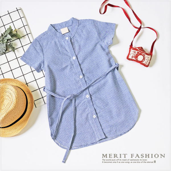 大人 氣質條紋綁帶弧形下擺襯衫 長版 襯衫 小洋裝 短袖 上衣 韓版 綁帶 親子裝 哎北比童裝