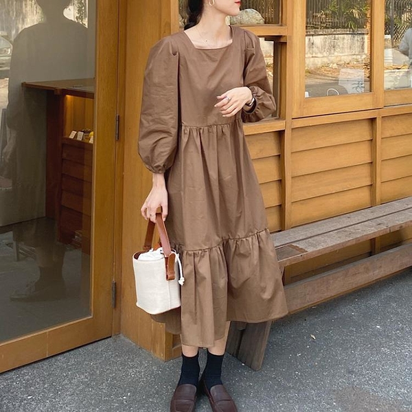 BeautifulGirl正韓女裝正韓chic寬松顯瘦小方領系帶收腰連身裙女春季新款森系蛋糕裙長裙