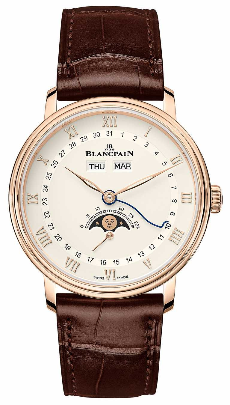 BLANCPAIN「Villeret系列Quantième Complet」全日曆月相腕錶，18K紅金錶殼，鱷魚皮錶帶，38mm╱702,000元。（圖╱BLANCPAIN提供）