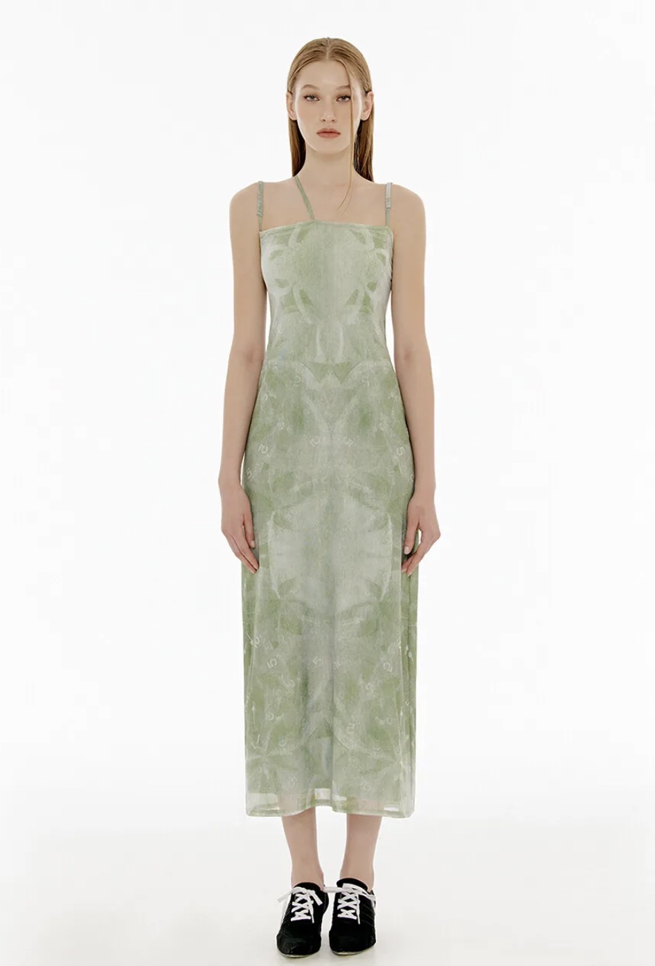 YUSE Denim Printed Mesh Layered Dress