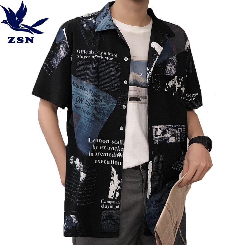 歐美風大尺碼潮牌短袖印花襯衫 寬鬆街頭風海邊度假風夏威夷襯衫 五分袖休閒花襯衫 報紙印花暗黑系工裝襯衫外套 韓國古著襯衣