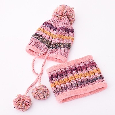 毛帽 針織圍脖(兩件套)-可愛球球彩色條紋女帽子6色[巴黎精品]