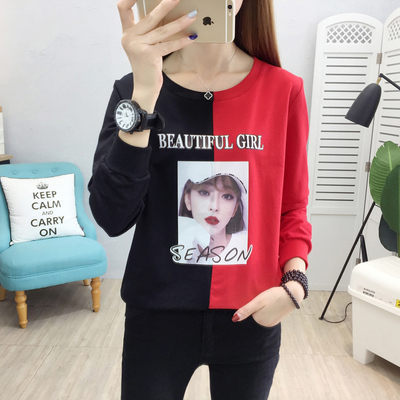 實拍8791# 新款2019秋季韓版長袖T恤 圓領拼接大碼女套頭衛衣H361朵維思