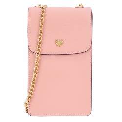 COACH 新款馬車金屬愛心十字紋皮革鍊帶手機斜背包(花瓣粉)