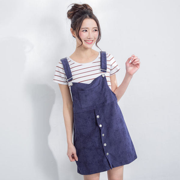 春天淺色系前口袋吊帶裙 [灰 米白 藍 綠] 四色售 [RBNO06034]