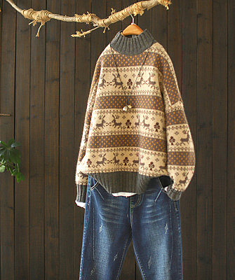 聖誕小麋鹿提花螺紋拼色高領毛衣寬鬆針織衫