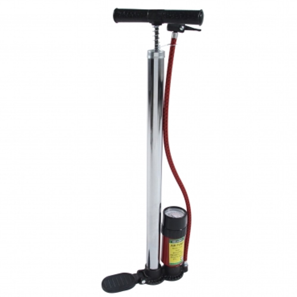 【商品特色】鍍鎳金屬不易生鏽，輕便美觀，易於攜帶適用汽機車輪胎、氣球玩具、球類等打氣附有氣壓表，確認最佳氣壓貼心加裝腳踩踏板，協助固定台灣製造，品質保證==================手壓打氣筒/