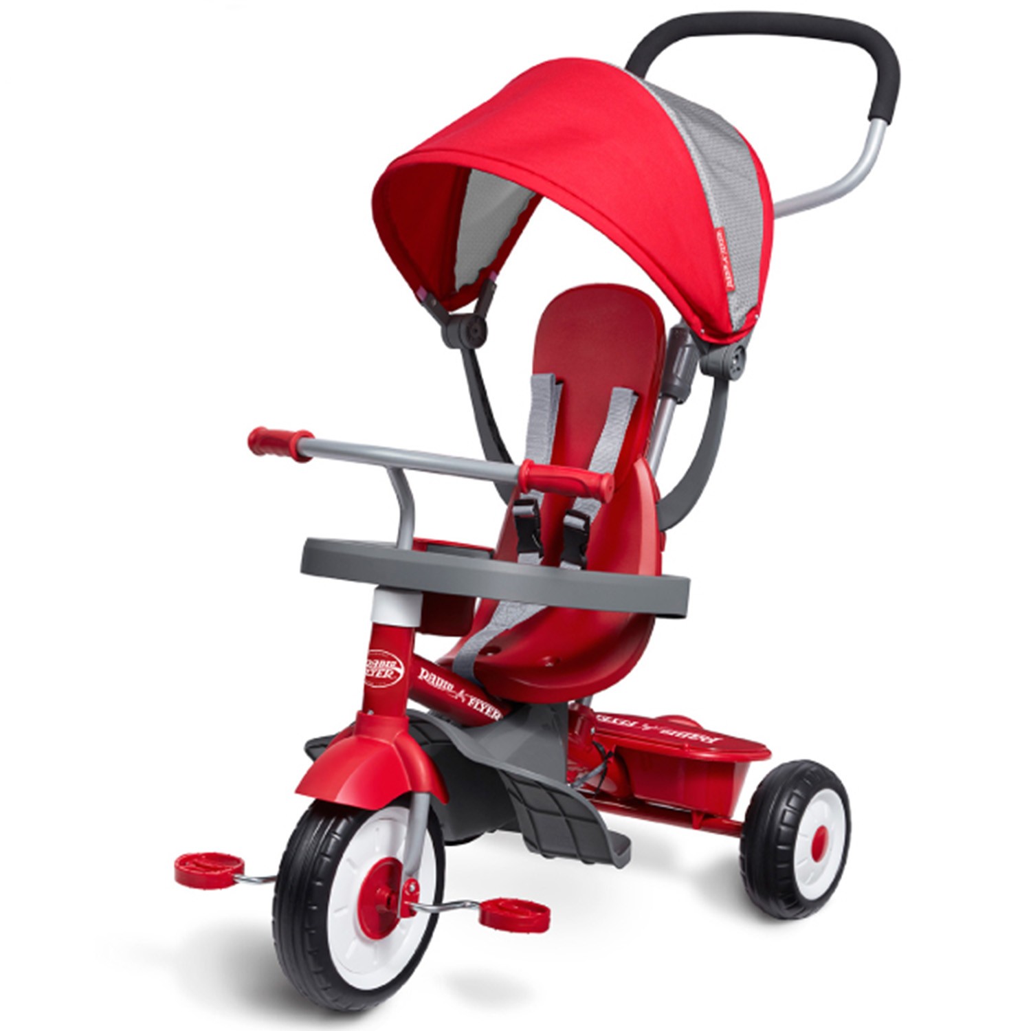 美國百年品牌【Radio Flyer】兒童界的法拉利之稱，放電必備！。紅犀牛四合一折疊三輪推車》小朋友可從9個月騎到5歲，CP值超高。配備超齊全，UV遮陽罩、腳踏板、推把、置杯架、前後置物袋通通有。符