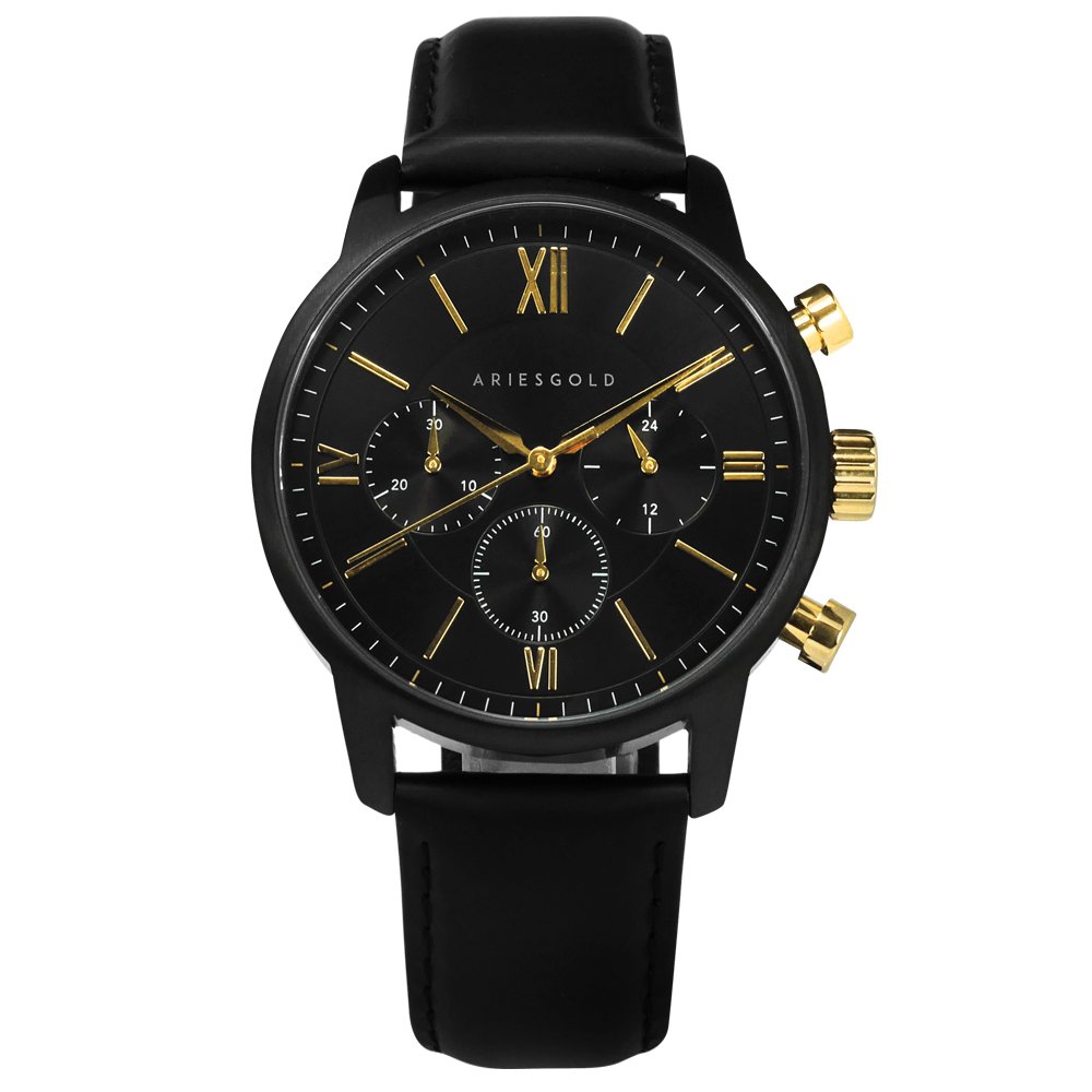 ARIES GOLD / G1027BKG-BKG / 三眼計時 羅馬時標 真皮手錶 黑色 43mm