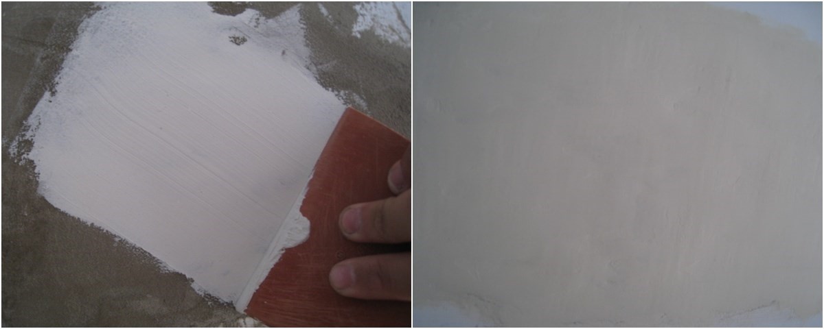 使用橡皮刮刀抹上批土，乾燥後再上一層（左）；批土完成後，乾燥三天以上再用 #800 號砂紙將表面磨平，最後再上水性平光塗料即大功告成（右）。