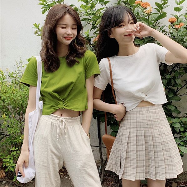 SISI【T9029】韓國火紅ins春夏百搭修身顯瘦隨興圓領短袖下襬打結設計露肚臍露腰短版T恤上衣打底T-shirt