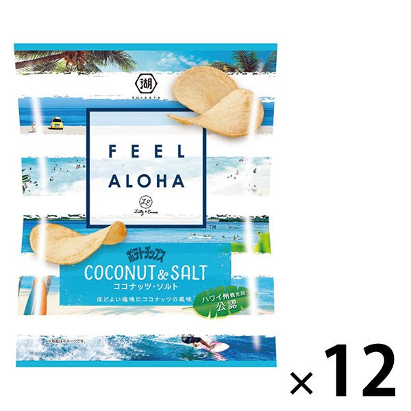 湖池屋 FEEL ALOHA系列 南洋椰子鹽洋芋片 12袋裝 E498870湖池屋堅持使用100%日本國產馬鈴薯加上椰子的清香和些許的鹽請務必要試試這款充滿南洋風的洋芋片商品重量: 約780g，12袋