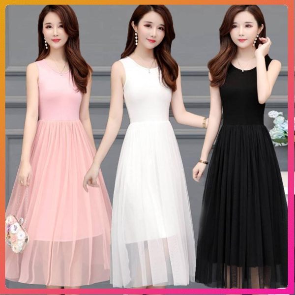 背心連衣裙莫代爾中長款吊帶裙女夏外穿大碼網紗打底裙蕾絲內搭裙 XL-5XL