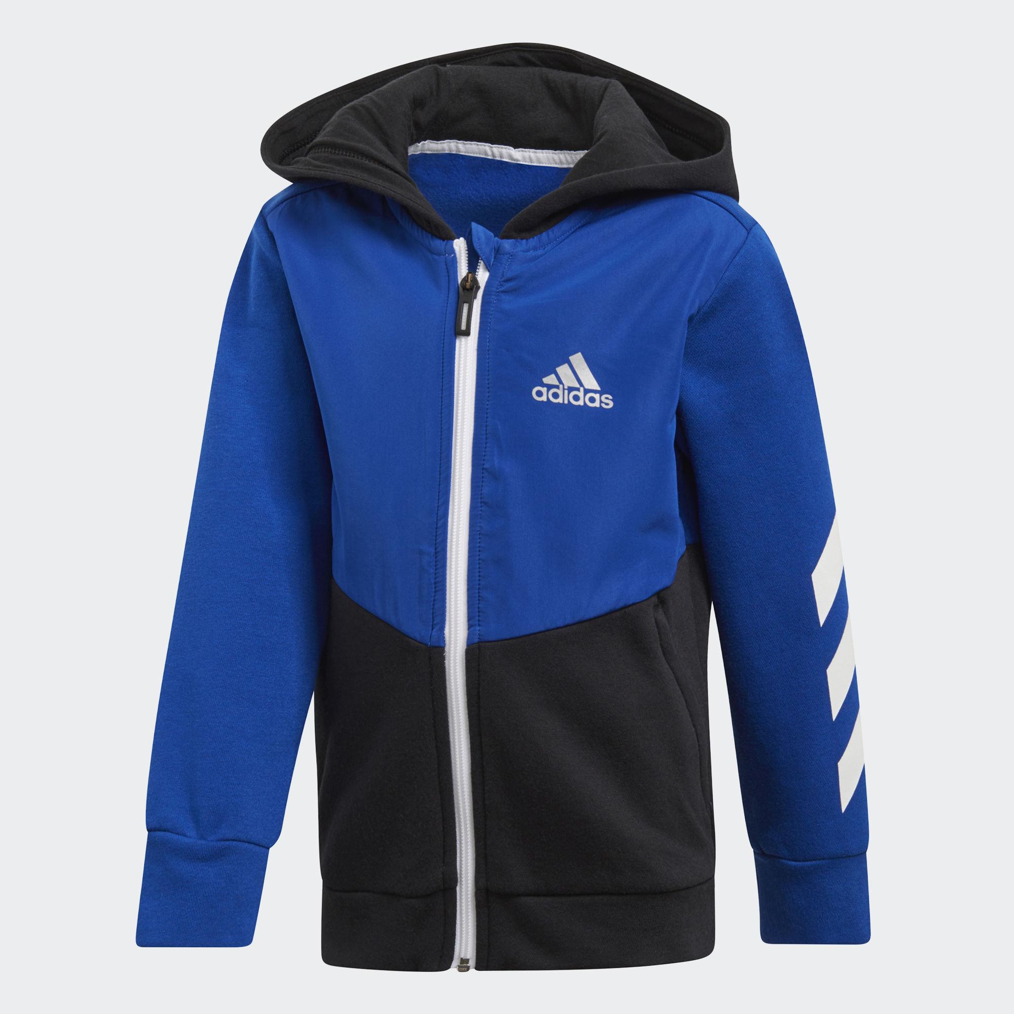 ADIDAS BADGE OF SPORTS 常規型直筒剪裁，衣身加寬 長袖，羅紋袖口 70%棉 / 30%聚酯纖維 拉鍊全開襟；拉鍊前袋；三片式連帽；羅紋下擺 色塊；反光adidas運動徽標 我們聯