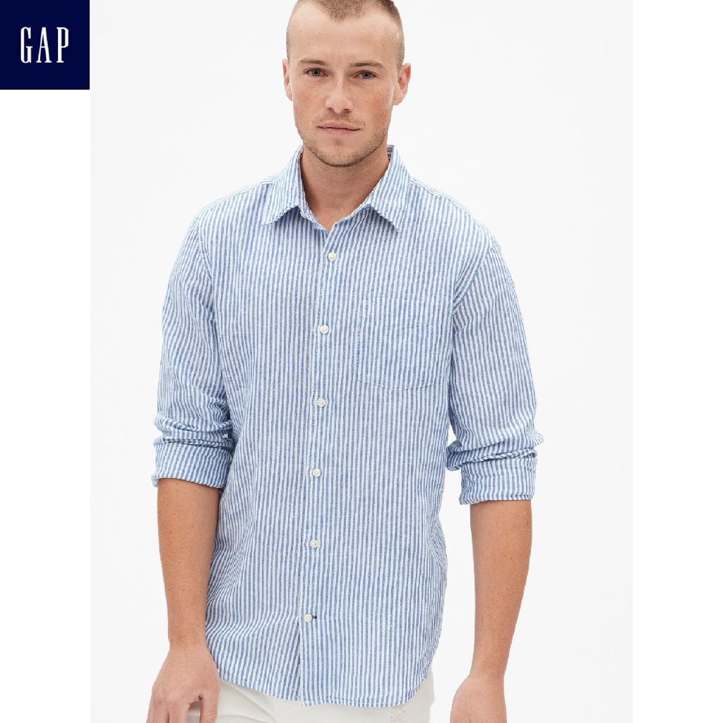 Gap男裝 柔軟輕薄棉麻混紡長袖鈕扣襯衫 441106-海軍藍白條紋