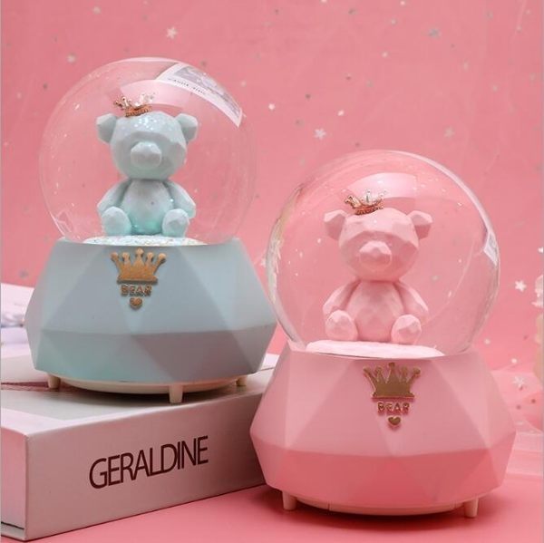 現貨 新款糖果粉色皇冠小熊 水晶球 音樂盒 旋轉兒童學生禮品生日禮物