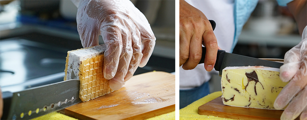手切冰淇淋看似輕鬆，其實極需力氣和技巧，利用槓桿原理加上身體的重量壓切，才能俐落下刀且不讓冰淇淋變形。(攝影/Cindy Lee)