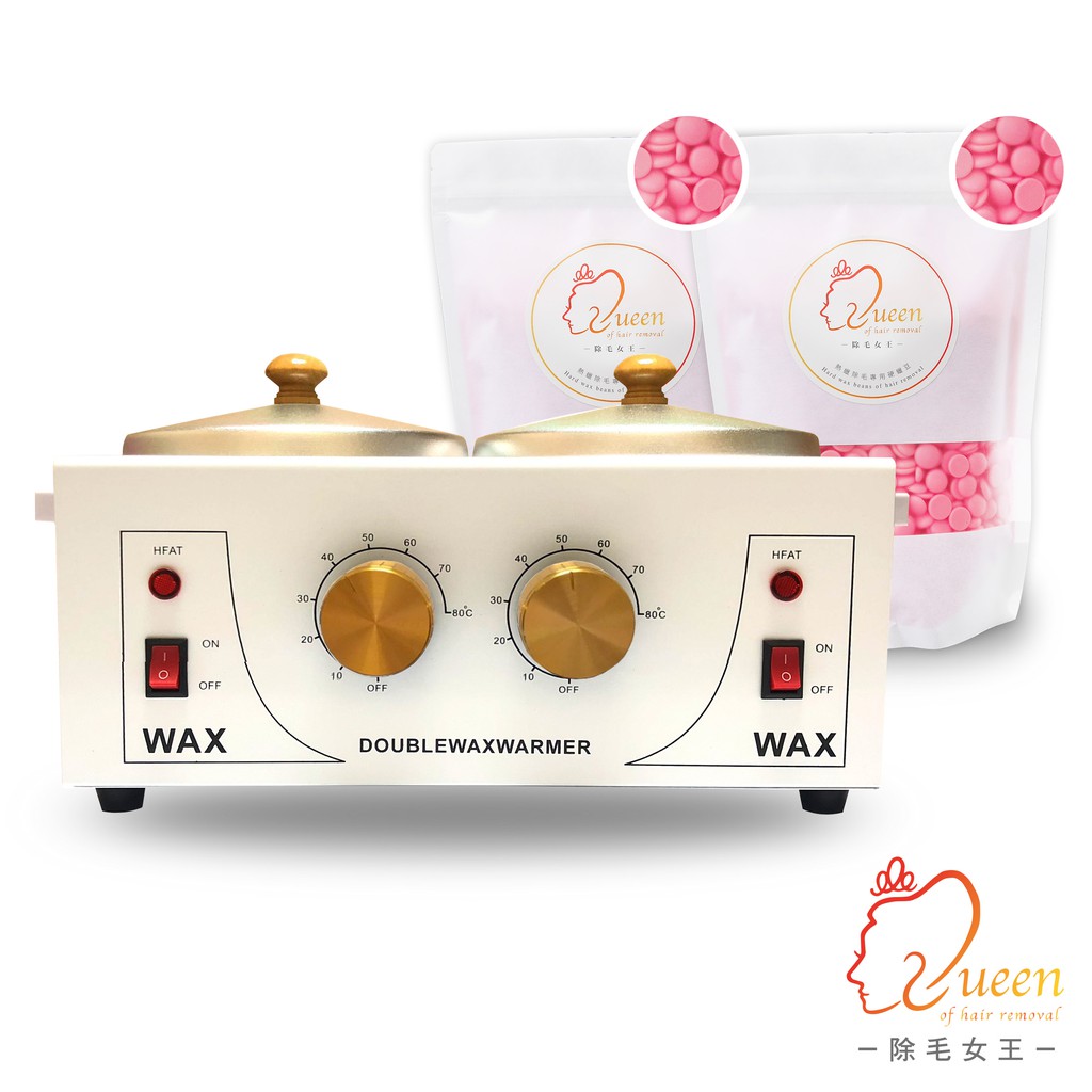 【商品內容物】◎除毛女王-花樣佳人雙鍋白機套組◎1、新一代1000g雙鍋爐熱蠟機-白機金色轉鈕（含內鍋2入）2、Queenwax女王精選除毛蠟500g-戀戀薔薇 x2包3、木棒50入【商品特色】201