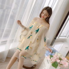 春夏新款日韓女装露背歐根纱長袖一字領短款沙灘連衣裙/1色/200N19【Brag Na義式精品】