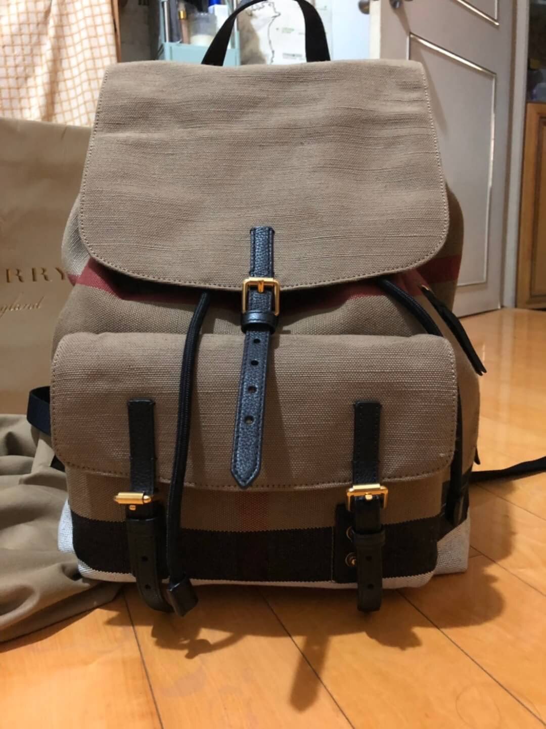 【Go時尚】BURBERRY 棉麻布 後背包 牛皮 雙肩背