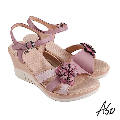 A.S.O 機能休閒 厚底美學立體花卉楔型涼鞋-粉紅