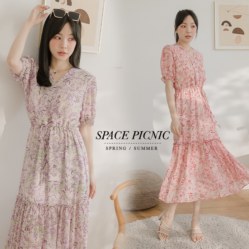 Space Picnic｜V領腰抽繩碎花洋裝-2色【C22043015】