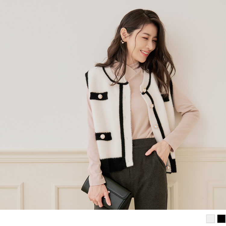 柔韌海馬毛輕奢小香風珍珠釦背心