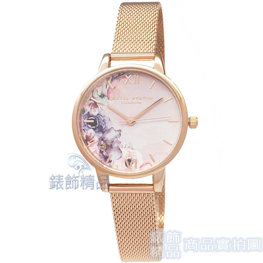 OLIVIA BURTON OB16PP39 花香水彩 粉面玫瑰金色金屬網狀錶帶 女錶 30mm【錶飾精品】