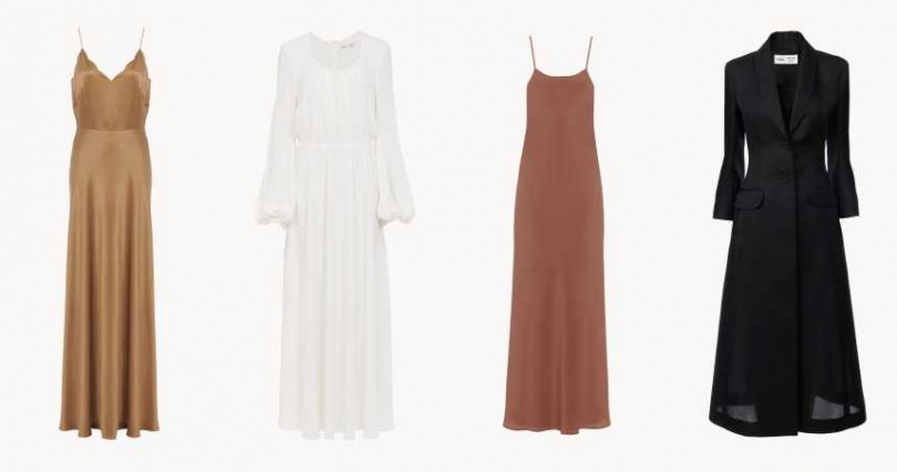 Chloé x Atelier Jolie聯名系列卡其色扇貝紋洋裝／85,500元、Chloé x Atelier Jolie聯名系列白色滯銷真絲洋裝／154,200元、Chloé x Atelier Jolie聯名系列深栗色滯銷錘花絲緞洋裝／40,800元、Chloé x Atelier Jolie聯名系列黑色襯衫式洋裝／154,200元（圖／品牌提供）