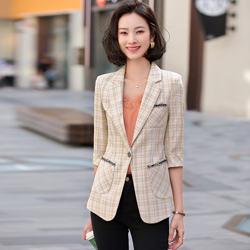 小香風 格子五分袖西裝外套 淺黃色