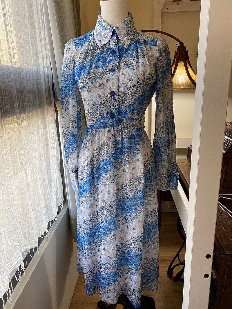 藍白花卉長袖古著洋裝日本製