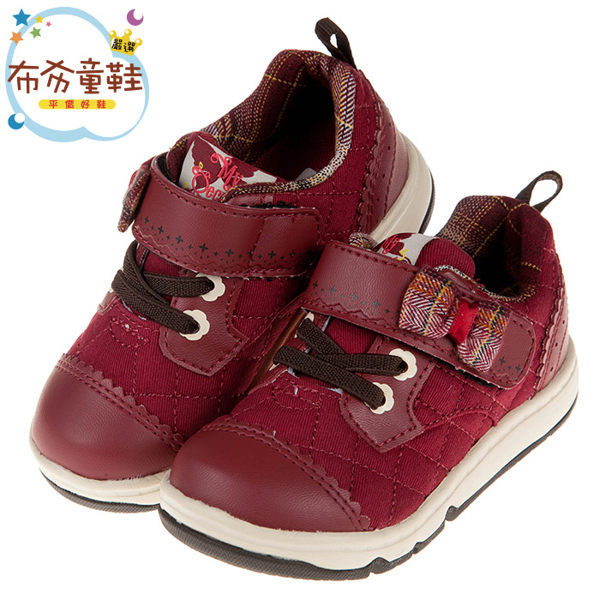 《布布童鞋》Moonstar日本酒紅色學院格紋蝴蝶結兒童機能運動鞋(15~19公分) [ I9U502A ]