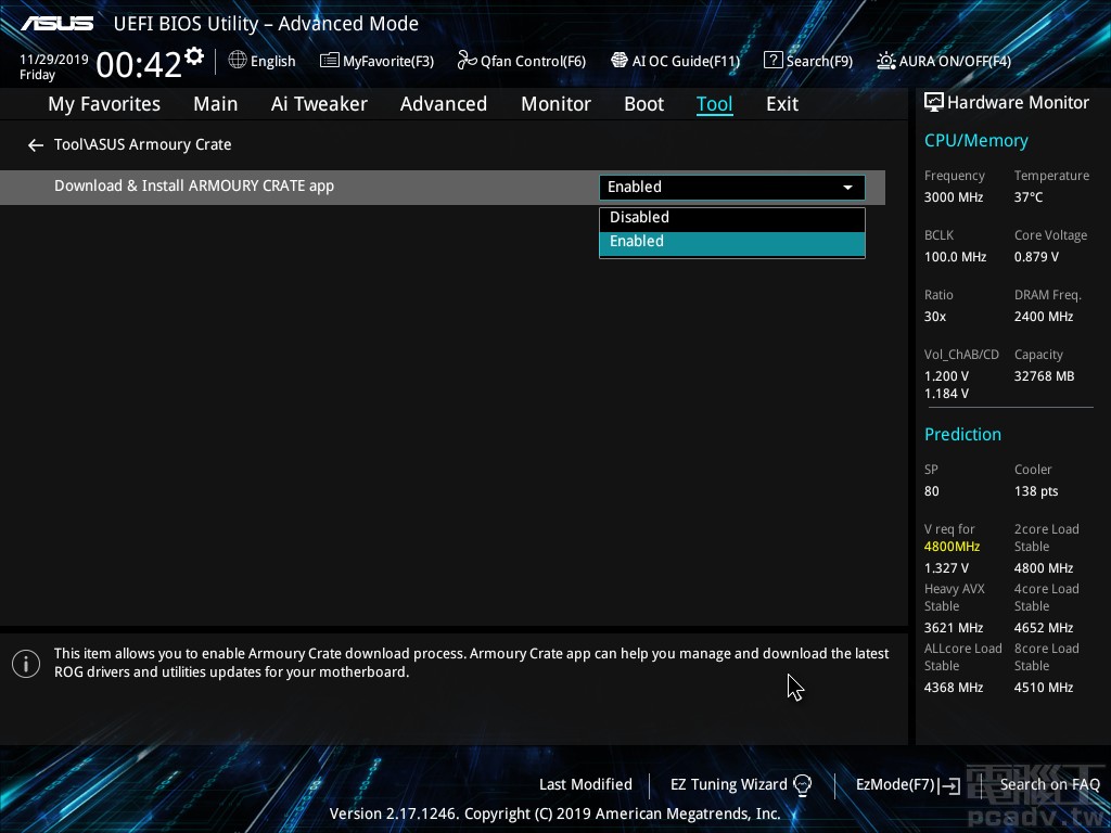 Armoury Crate 功能導入至 Prime X299 Edition 30 當中，若是玩家不喜歡也可以於 Tool＞ASUS Armoury Crate＞Download ＆ Install ARMOURY CRATE app 當中選擇 Disable。