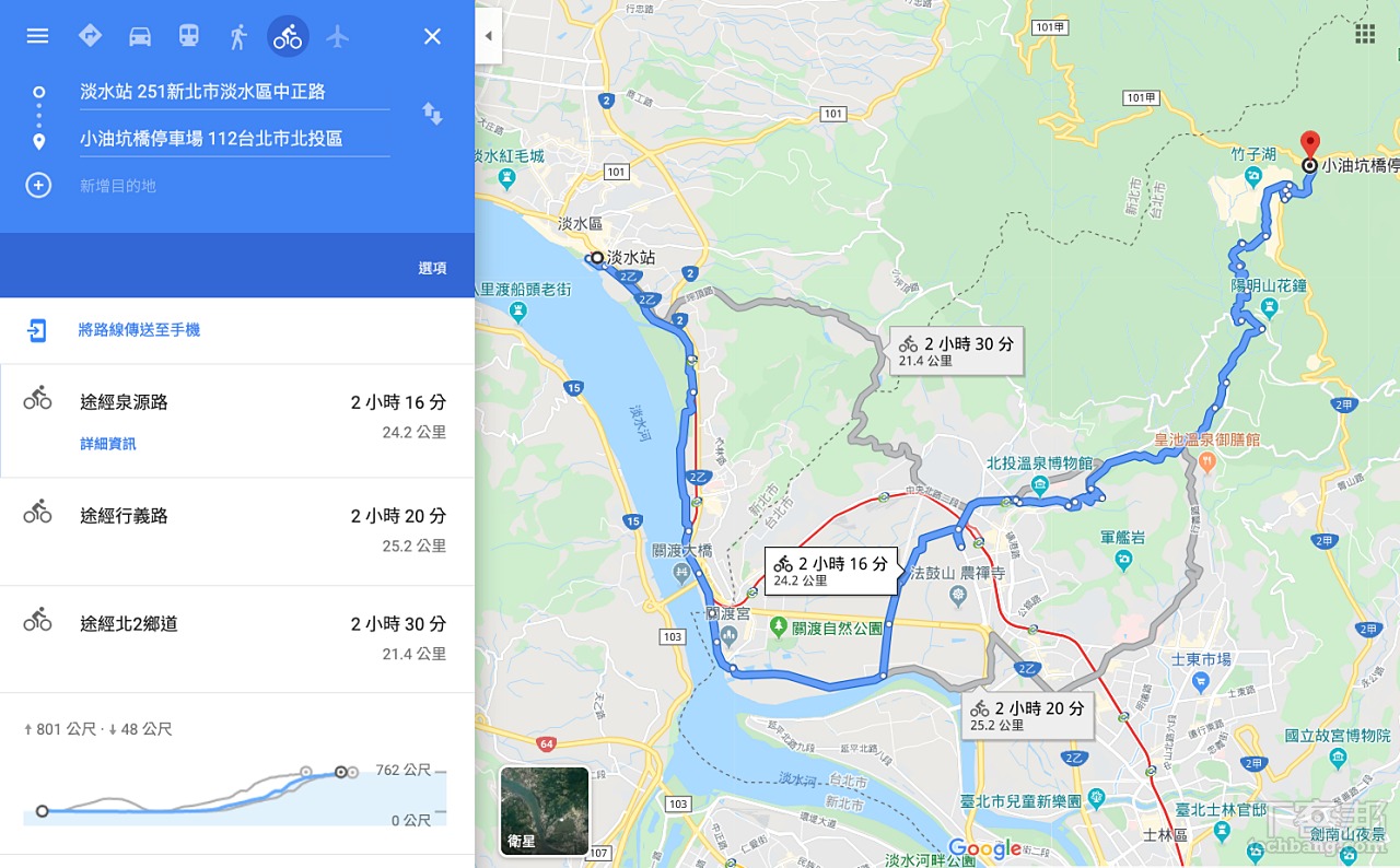 若是從淡水上陽明山，單車導航功能並不會特意選擇適合單車騎乘的巴拉卡公路。