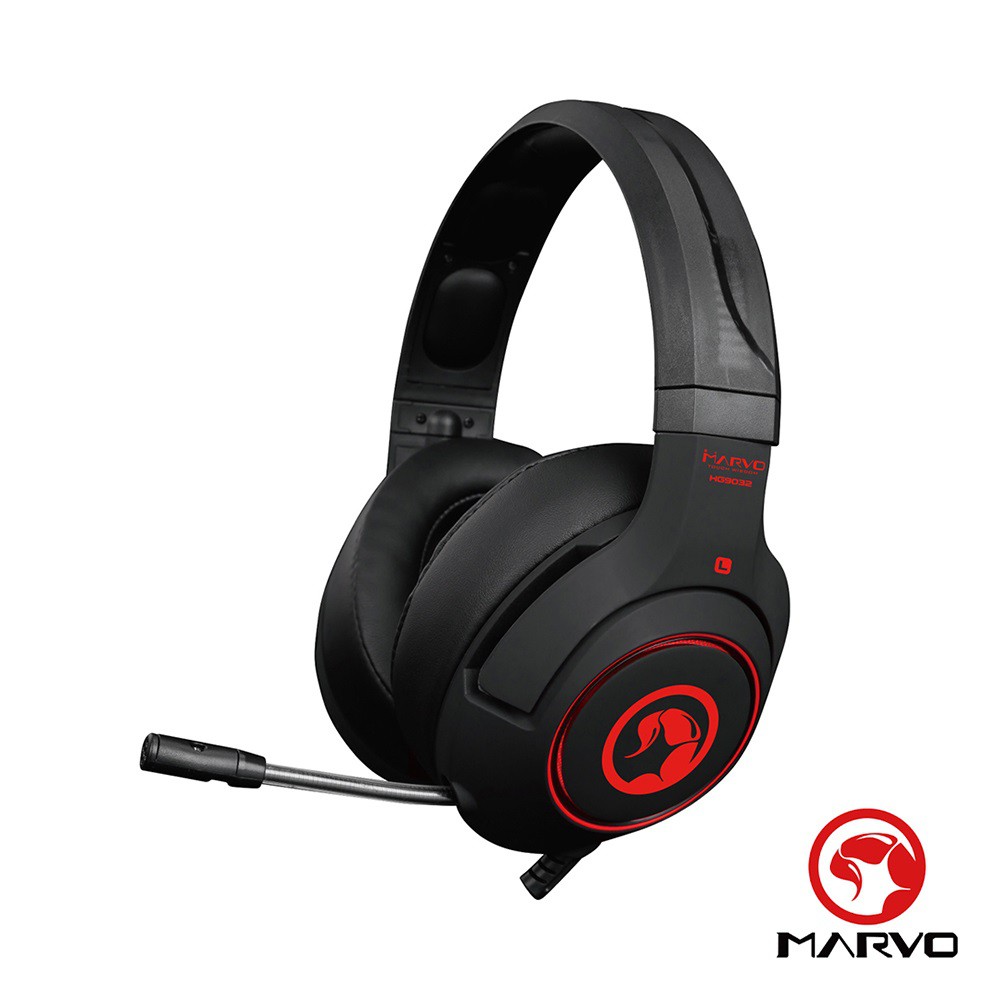 【MARVO】 HG9032 7.1聲道USB 電競耳罩式耳機 產品編號:MV-HG9032● 7.1 聲道 LED 紅光耳罩式耳機● 麥克風、燈光一鍵開關● 可伸縮頭戴，符合人體工學● 滾輪式輕鬆調