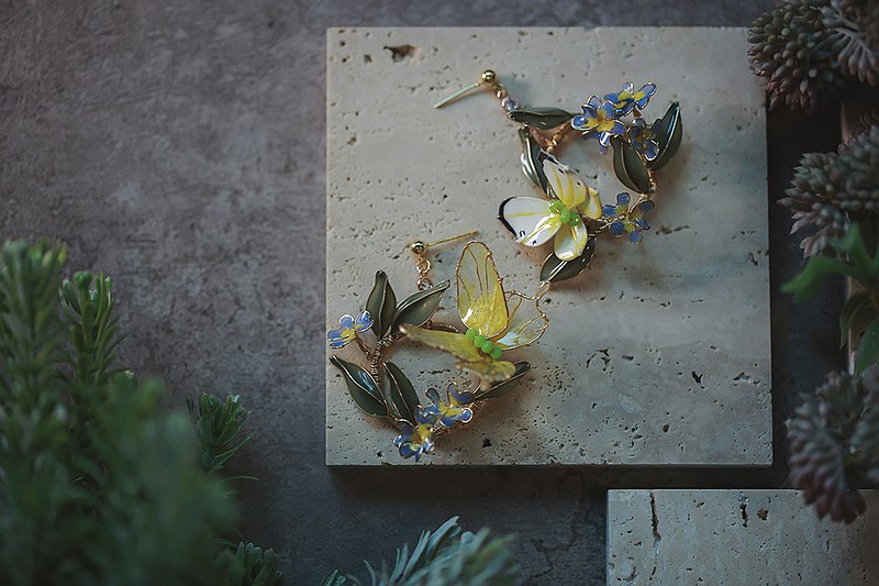 蝶舞 春天故事 水晶花樹脂花耳環 可改純銀耳針/14K包金耳夾