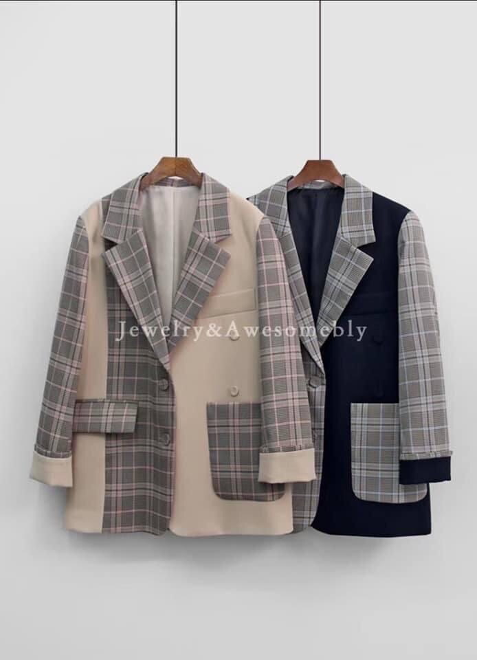 韓國拼接格紋西裝外套