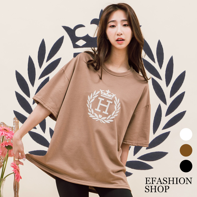 桂冠h字母短袖上衣-efashion 預【m13902720】