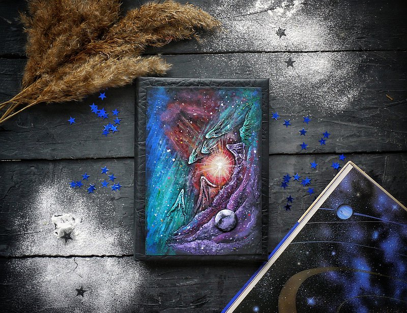 帶有奇妙宇宙景觀的日記、聚合物粘土日記本、手工筆記本