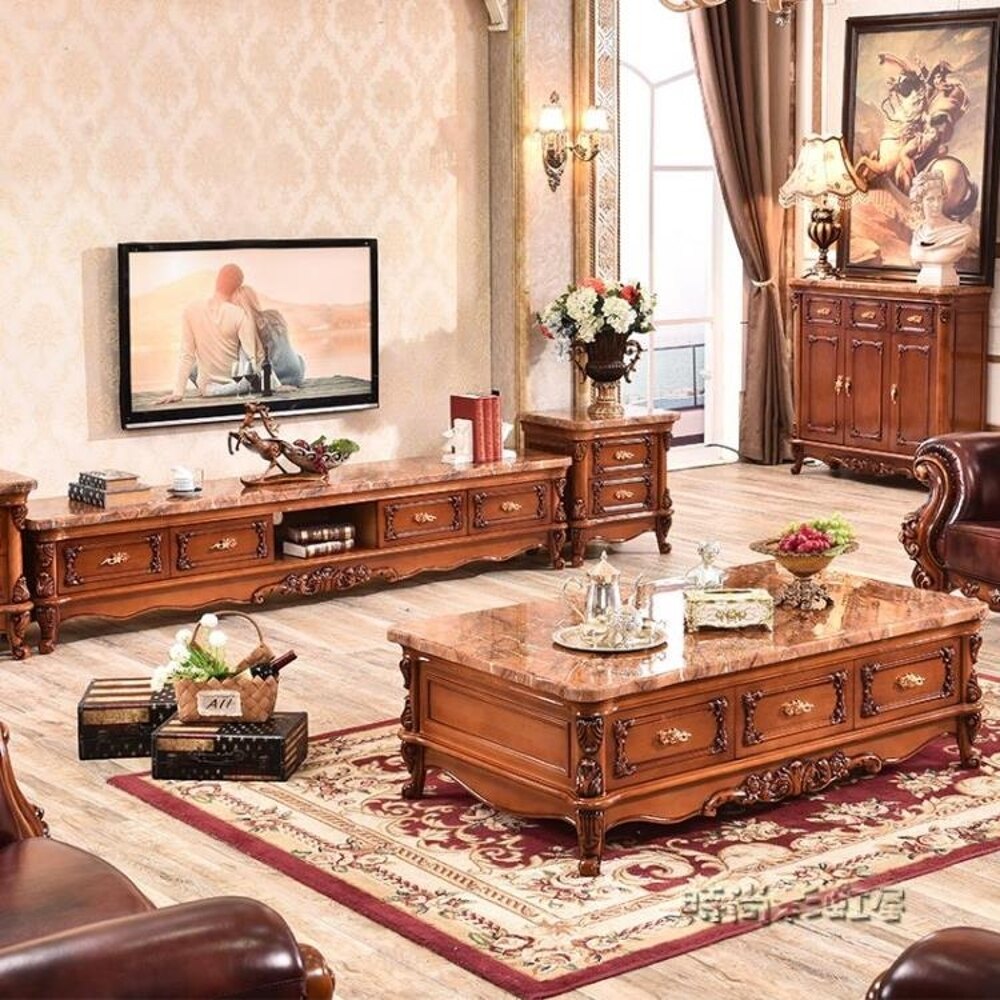 歐式大理石電視櫃茶幾組合實木地櫃小戶型美式客廳家具套裝AC16Figo「時尚彩虹屋」