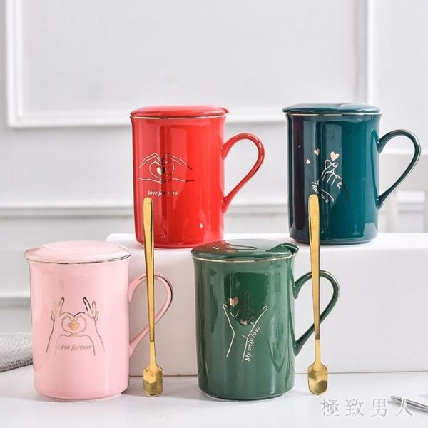 生日送禮情侶杯水杯帶蓋勺杯子北歐時尚陶瓷馬克杯結婚禮物伴手禮