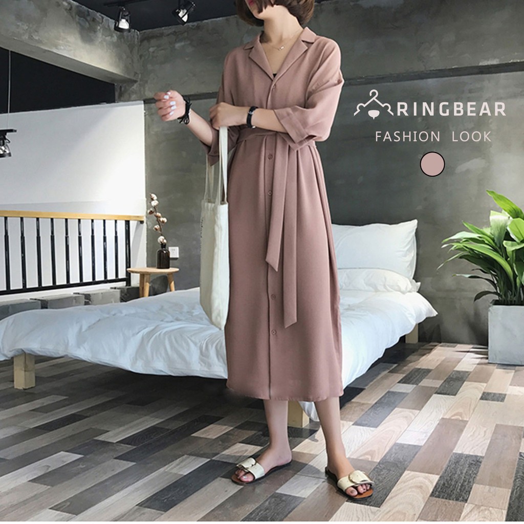 襯衫洋裝--OL英倫氣質素面綁腰舒適雪紡襯衫長洋裝(卡其XL-4L)-D480眼圈熊中大碼衣著【SS】