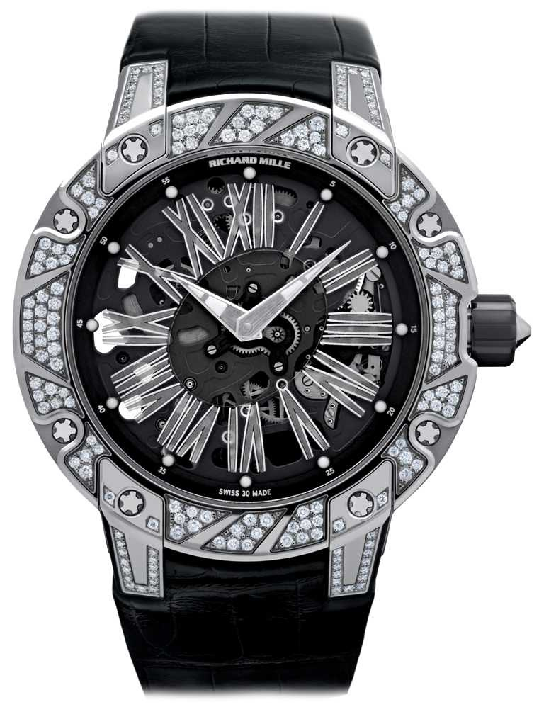 RICHARD MILLE「RM 033系列」超薄自動上鍊腕錶╱45.7mm，白金鑲鑽錶殼╱5,360,000元。（圖╱RICHARD MILLE提供）