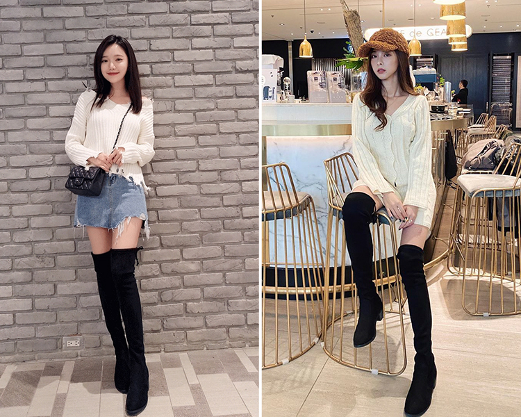 顯瘦感絨料低跟膝上長靴 長靴 長靴穿搭 膝上靴穿搭