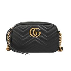 GUCCI GG Marmont 斜紋皮革復古金屬LOGO鍊帶斜背包(黑)