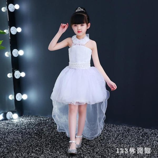 新款白色兒童唱歌演出服女童主持人小孩花童鋼琴晚禮服裙長紗裙子