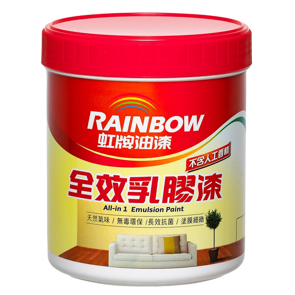 不添加人工香精，虹牌全效乳膠漆全新油漆環保製程：選用頂級乳膠原料，透過獨家的「Detexmo單體去味科技」，能顯著降低發出不良味道的乳膠單體，從原料根本就能有效去除異味，塗刷前後都完全沒有刺鼻異味，對