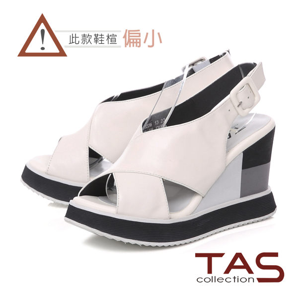 TAS 雙側鏤空寬繫帶配色厚底楔型涼鞋-時尚白