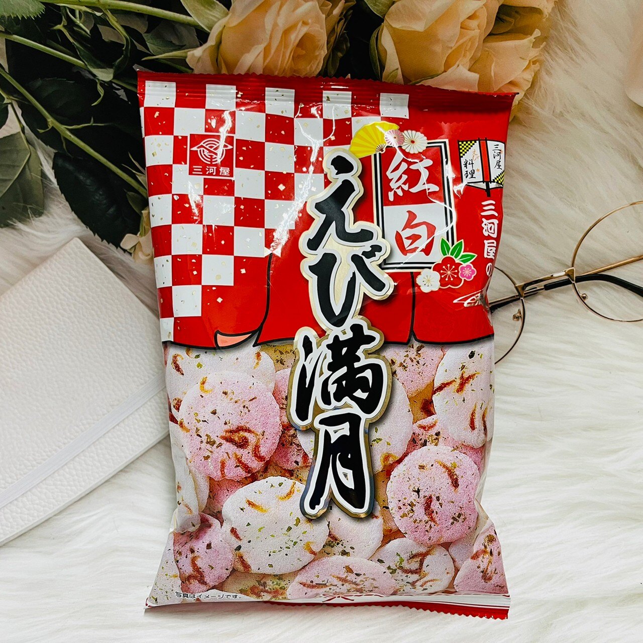 日本 三河屋 紅白 蝦風味 滿月 米果 70g